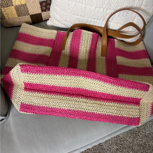 Anthropologie large beach tote pink and natural - Picture 6 of 7